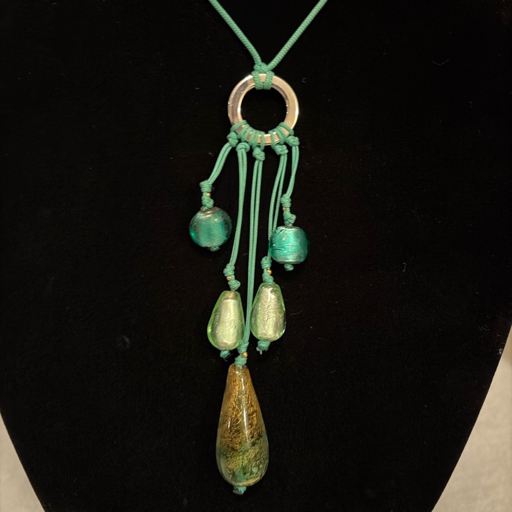 Boho 26” Necklace Silver Tone Disc Pendant With Hanging Beads and Green Cord